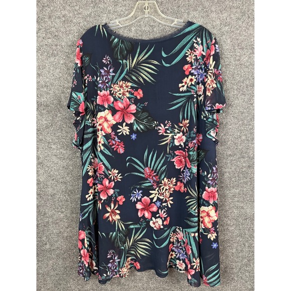 French Blue Floral Mesh Top Women 2X Navy Pink Excellent Flutter Sleeve V-Neck - Picture 9 of 11